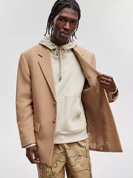 Men's Tan Single-Breasted Wool Blend Coat